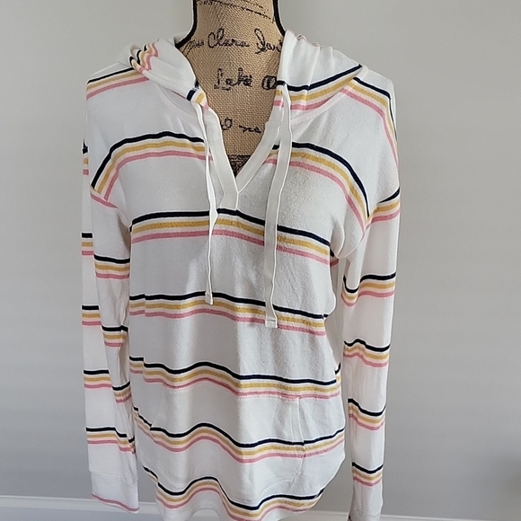 Market & Spruce Sweaters - Market & Spruce White and Pink Striped Hooded Top